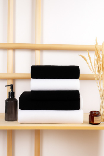 Elaganya Set of 4 Black and White Towels |   100% Cotton Soft Bath & Head Towel