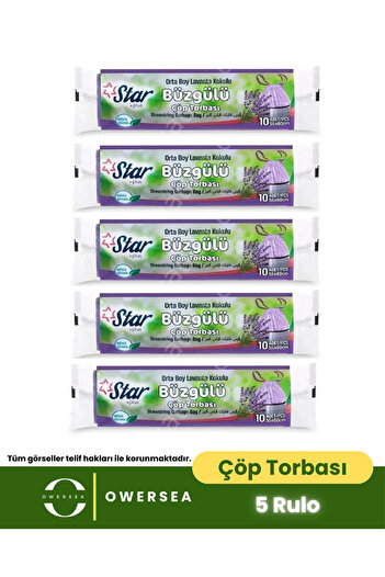 Owersea Star Büzgülü Çöp Torbası / Poşeti - Orta Boy 55x60 - Lavanta Kokulu - 5 Rulo = 50' Li
