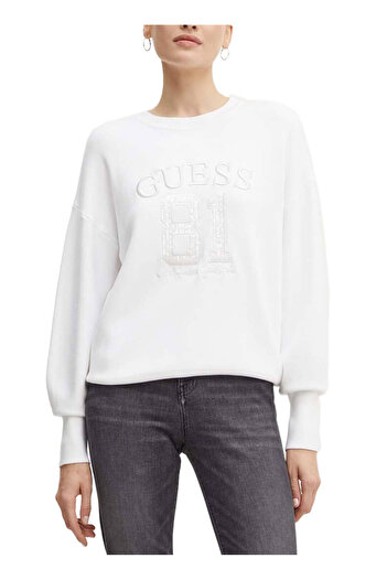 Guess Crew Neck Regular Patterned White Sweater Women's Viviana Logo Rn Ls S - Needle Sinth
