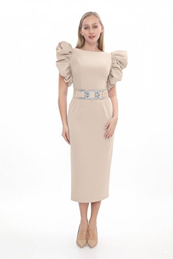 MODAMOR Firfir Sleeve Detail Belted Midi Dress