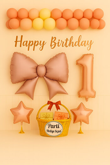 parti hediye sepeti Pink Bow 1 Year Old Birthday Set |   Rose Gold Concept with Happy Birthday Written