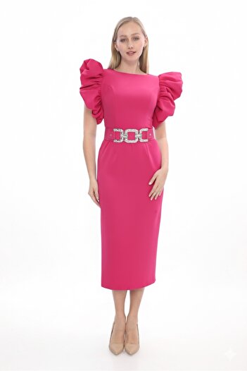 MODAMOR Firfir Sleeve Detail Belted Midi Dress
