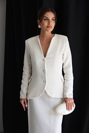 Julidress Ecru White Ruffle Detailed Jacket and Midi Skirt Set Premium Tweed Suit