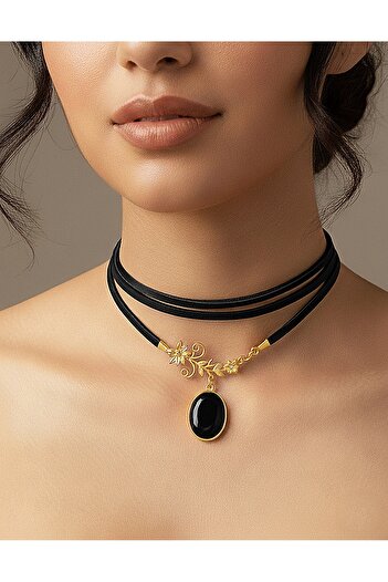 LADYMİRAGE Genuine Leather Vintage Steel Choker Necklace
