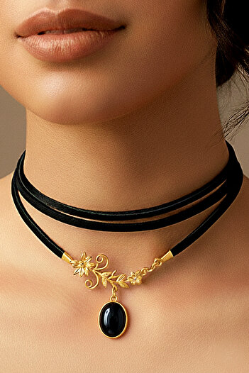 LADYMİRAGE Genuine Leather Vintage Steel Choker Necklace