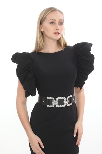 MODAMOR Firfir Sleeve Detail Belted Midi Dress