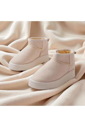 beelleshoe PANNA Mini Kadın kışlık krem Süet İçi Tüylü Kısa Bot