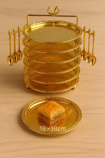 ALMASA 6 golden dessert plates with a stand and 6 dessert spoons