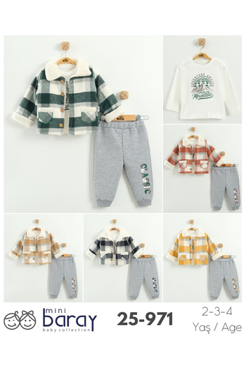 Mini Baray Boys' Checkered Jacket, Sweatshirt and Pants 3-Piece Set (2-3-4 Years Old)