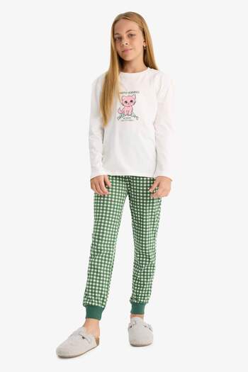 DeFacto Girls Pajamas Set Printed Long Sleeve Top Checked Long Bottom F1083A825Au