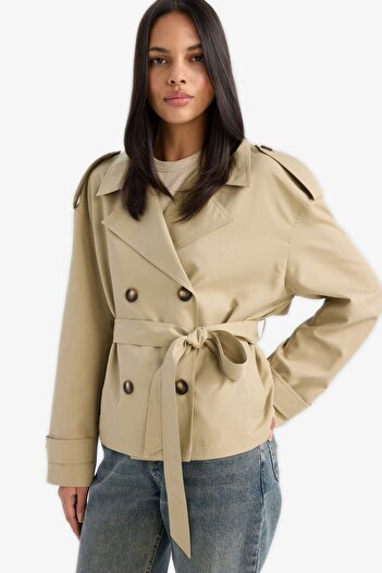 DeFacto Regular Fit Short Trench Coat with Pockets and Belt E8581Ax25Au
