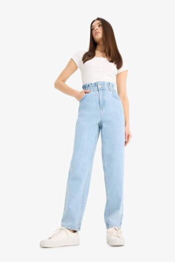 DeFacto Paperbag High Waist Straight Leg Long Jean Snow Washed Pants E7760Ax25Au