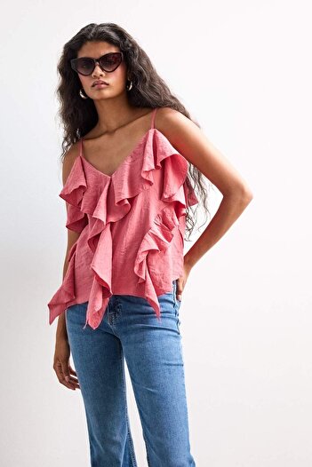 DeFacto Regular Fit V Neck Modal Flounced Thin Strap Blouse F8153Ax25Au