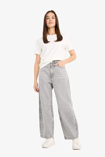 DeFacto Barrel Fit High Waist Straight Leg Long Jean Snow Washed Pants E8412Ax25Au