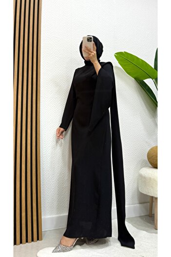 modasusev Drape Detailed Crepe Tail Hijab Dress
