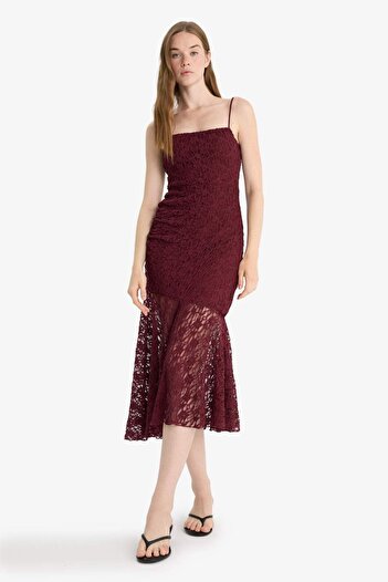 DeFacto Bodycon Vücudu Saran Askılı Dantel Midi Elbise F7886AX25AU