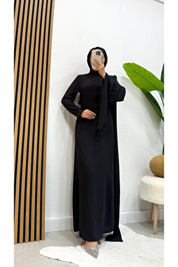 modasusev Drape Detailed Crepe Tail Hijab Dress