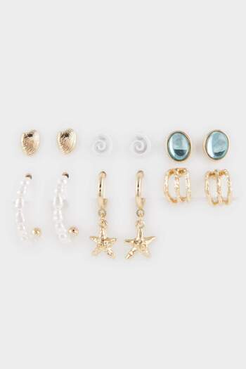 DeFacto Women's 6-Piece Gold Earrings with Stone and Pearl Detail F4071Axns