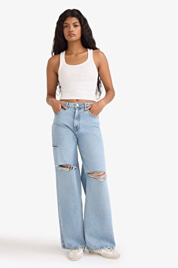DeFacto Wide Leg Ripped Detailed High Waist Long Jean Washed Trousers E9111Ax25Au