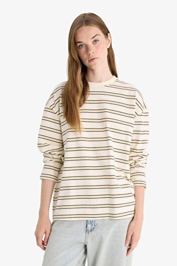 DeFacto Loose Fit Bisiklet Yaka Çizgili Sweatshirt F7758AX25AU