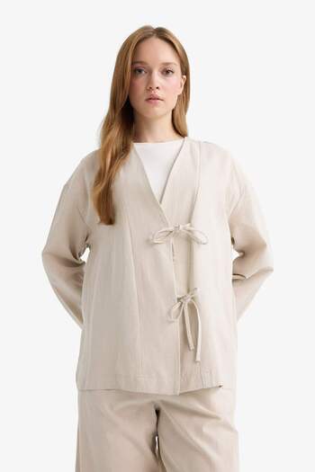 DeFacto Regular Fit V Yaka Keten Karışımlı Kimono F7958AX25AU