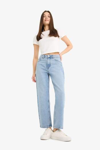 DeFacto Straight Fit High Waist Straight Leg Long Jean Snow Washed Pants E7778Ax25Au