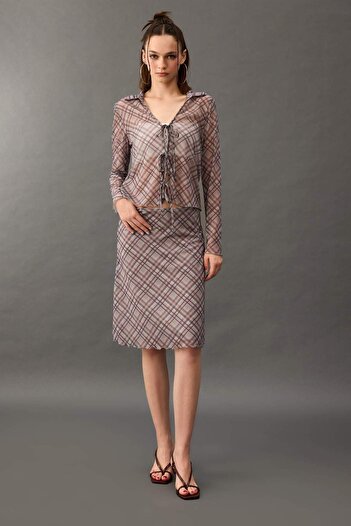 DeFacto Fitted Shirt Collar Checked Front Tie-Up Tulle Long Sleeve Blouse F7703Ax25Au