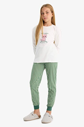 DeFacto Girls Pajamas Set Printed Long Sleeve Top Checked Long Bottom F1083A825Au