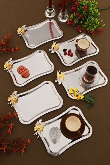 AKSESUAR EVRENİ Naldo Italian Model Butterfly Detailed 6-Piece Presentation Tray Silver