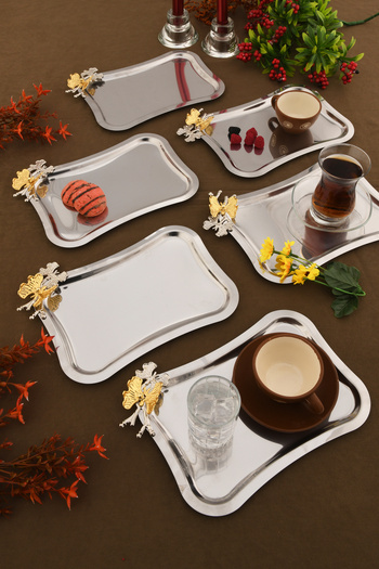 AKSESUAR EVRENİ Naldo Italian Model Butterfly Detailed 6-Piece Presentation Tray Silver