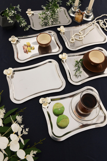 AKSESUAR EVRENİ Naldo Italian Model Silver Stone Detailed 6-Piece Presentation Tray Silver