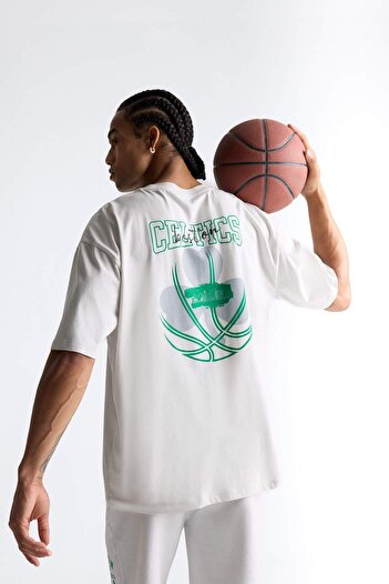 DeFacto 100% Cotton Defactofit Nba Boston Celtics Oversize Wide Fit Crew Neck Back Printed Short Sleeve