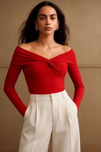 peri tower New Product Women's Off-The-Shoulder Front Knotted Sandy Fabric Long Sleeve Blouse 0033