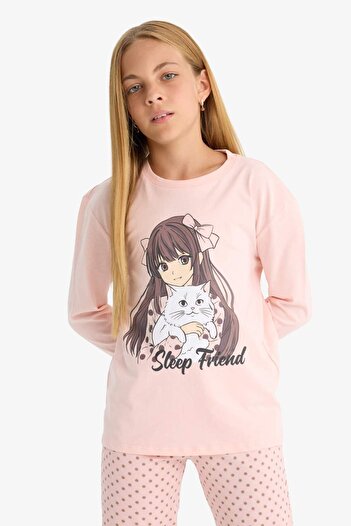 DeFacto Kız Çocuk Pijama Takımı Baskılı Uzun Kollu Üst Desenli Uzun Alt F6169A825AU
