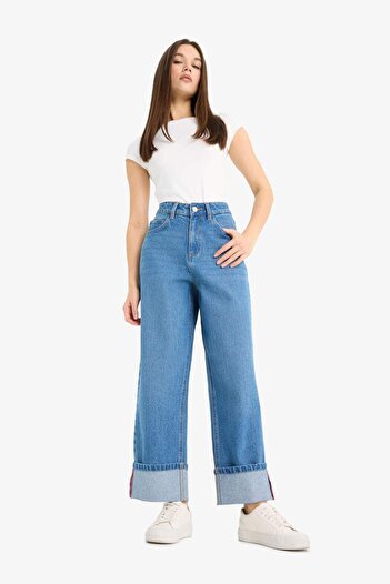 DeFacto Relax Fit High Waist Straight Leg Long Jean Snow Washed Pants E7776Ax25Au