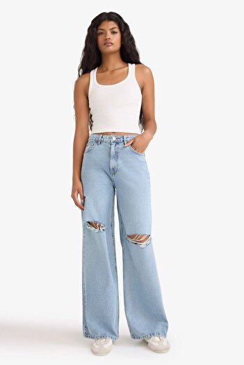 DeFacto Wide Leg Ripped Detailed High Waist Long Jean Washed Trousers E9111Ax25Au