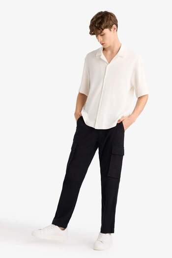 DeFacto 100% Cotton Relax Fit Linen Look Zipper Straight Leg Pants D9868Ax25Sp