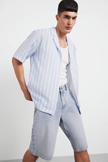 DeFacto Relax Fit Apash Collar Printed Woven Striped Short Sleeve Shirt F5747Ax25Au