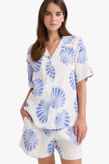 DeFacto Regular Fit Patterned Jacket Collar Muslin Short Sleeve Shirt F6998Ax25Sm