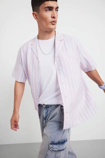 DeFacto Relax Fit Apash Collar Printed Woven Striped Short Sleeve Shirt F5746Ax25Au