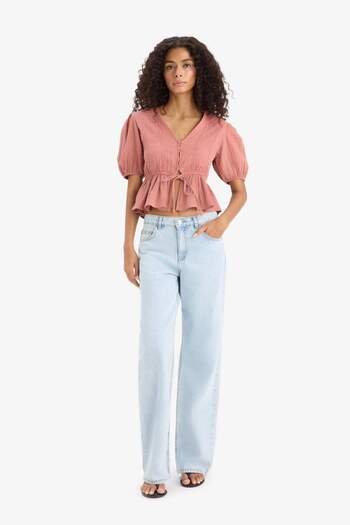 DeFacto Fitted V Neck Tie-Up Muslin Short Sleeve Blouse F6246Ax25Sm