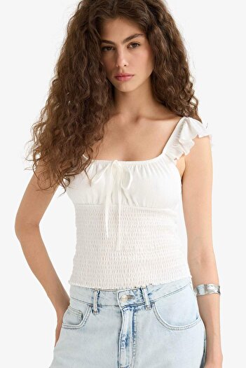 DeFacto Fitted V Neck Crop Textured White Strap Blouse F6392Ax25Hs