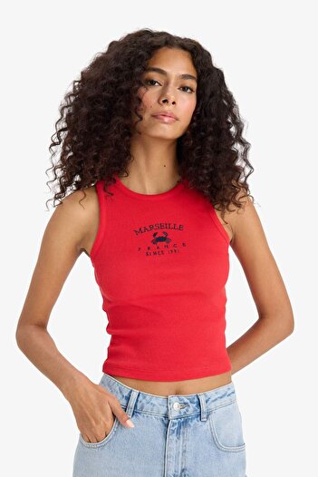 DeFacto Slim Fit Dar Kesim Baskılı Halter Yaka Fitilli Kaşkorse Atlet F6238AX25HS