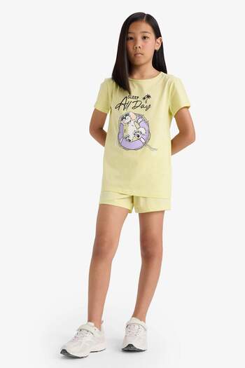 DeFacto Girls Pajama Set Printed Short Sleeve Top Elastic Waist Shorts E0666A825Hs