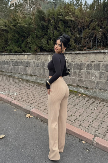 Siner Fashion Γυναικείο μπεζ παντελόνι με φαρδύ πόδι, άνετο καθημερινό παντελόνι