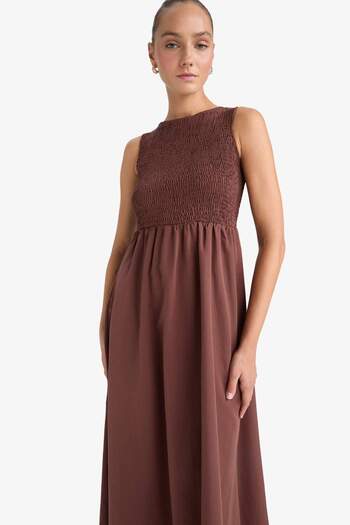 DeFacto Bisiklet Yaka Terry Cotton Kolsuz Midi Elbise F5807AX25SM