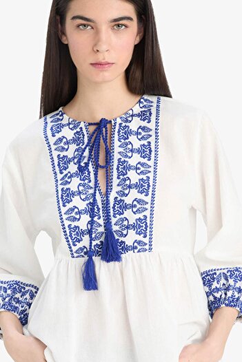 DeFacto Regular Fit Crew Neck Linen Look Long Sleeve Blouse E6527Ax25Sm