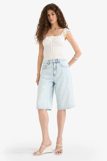 DeFacto Fitted V Neck Crop Textured White Strap Blouse F6392Ax25Hs