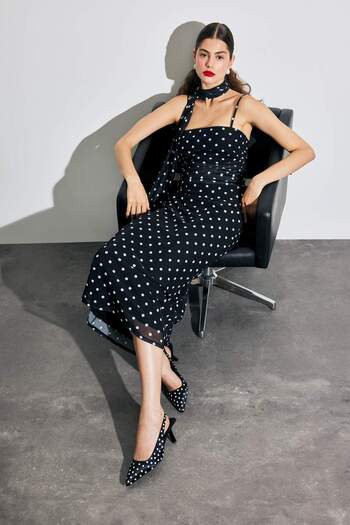 DeFacto Bodycon Body-Hugging Square Neck Polka Dot Tulle Suspender Midi Dress F9258Ax25Sm