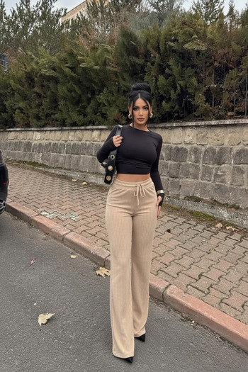 Siner Fashion Γυναικείο μπεζ παντελόνι με φαρδύ πόδι, άνετο καθημερινό παντελόνι